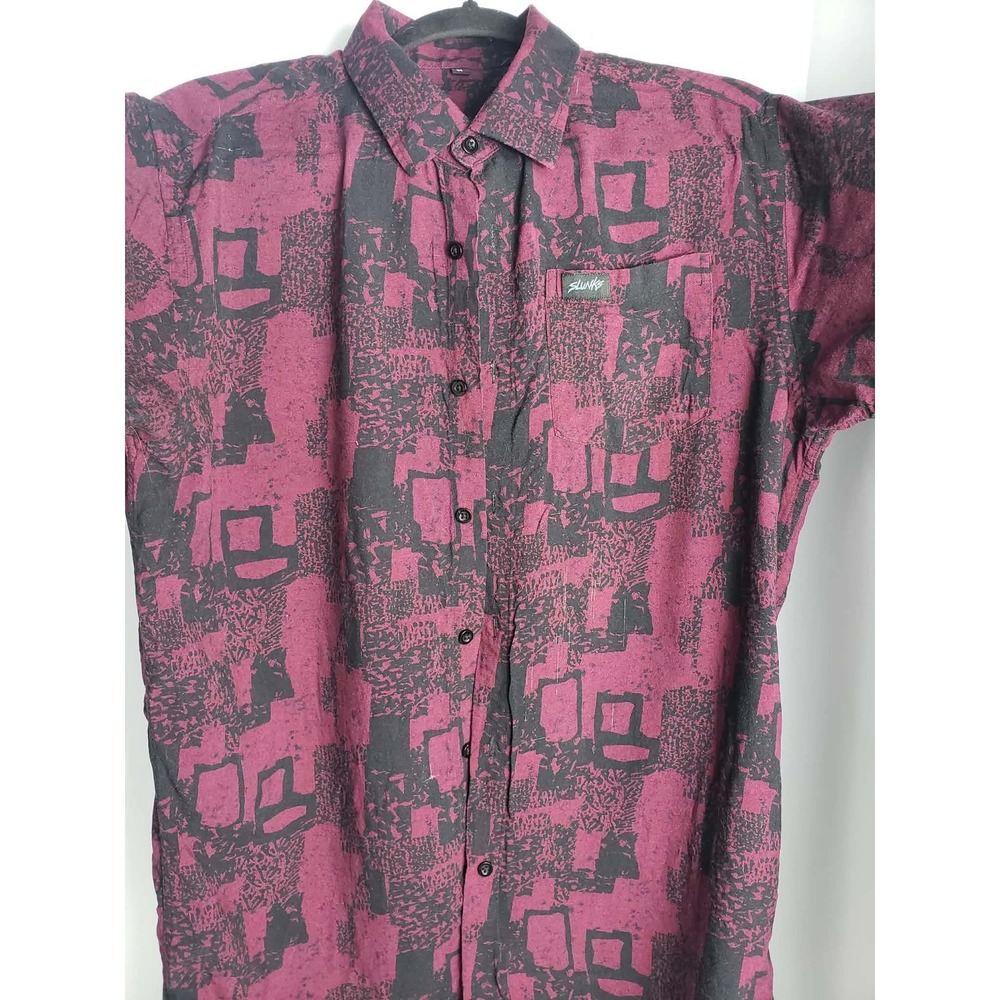 Slunks Mens Short Sleeve Rayon Button Down Shirt Burgundy Black Abstract Print‎